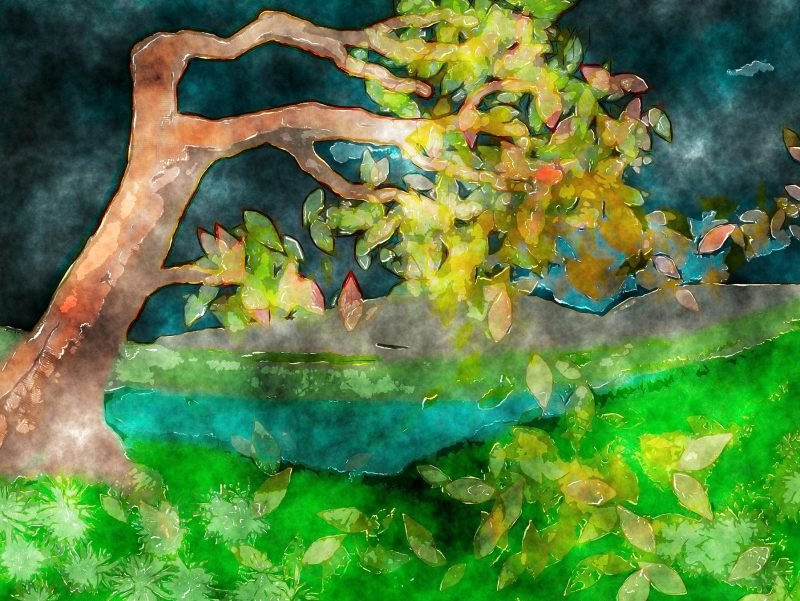 Watercolor painting of a tree, blown by the wind, but still standing strong by a river.